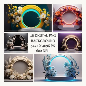 May include: 16 digital PNG backgrounds featuring a white platform with a circular frame decorated with various flowers. The frames are in different colors, including yellow, pink, blue, and purple. The backgrounds are perfect for product displays or social media posts.