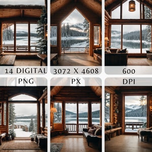 Peut inclure: Un chalet rustique avec de grandes fenêtres donnant sur un lac et une forêt enneigés. Le chalet a des murs et des sols en bois, et un canapé est visible au premier plan.