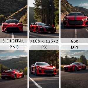 May include: A red sports car with black accents and a black stripe down the centre of the bonnet. The car is driving on a winding road through a forest.