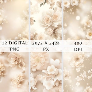 Soft Beige Floral Fine Art Digital Maternity Backdrop | Elegant Pregnancy Photography Background