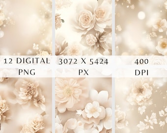 Soft Beige Floral Fine Art Digital Maternity Backdrop | Elegant Pregnancy Photography Background