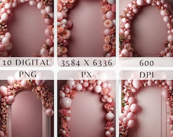 Elegant Pink and White Balloon Arch Digital Backdrop for Portrait Photography - Perfect for Stylish and Celebratory Portraits and Maternity