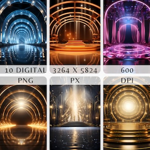 May include: Four digital backgrounds featuring glowing arches and platforms. The first background is blue with a tunnel of arches. The second background is gold with a platform and steps. The third background is pink with a platform and a curtain. The fourth background is gold with a tunnel of arches and a platform.