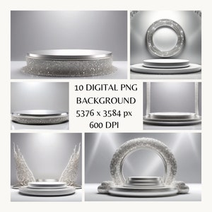 May include: Ten digital PNG backgrounds featuring a silver platform with a sparkling, textured border. The platform is set against a white background with soft lighting. The backgrounds are perfect for product photography or graphic design.