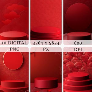 May include: Red and gold Chinese New Year themed product display with three red platforms and a red background. 10 Digital PNG, 3264 x 5824 PX, 600 DPI.