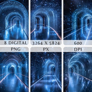 May include: A digital image of a long, dark blue hallway with a starry ceiling. The hallway is lined with arches and the floor is reflective, creating a sense of depth and mystery.