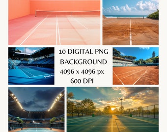 Pro Tennis Court Backdrops, Clay and Hardcourt Photorealistic Images, Sports Event Set, Athlete Portrait, Realistic Court, Sunlit Clay Court