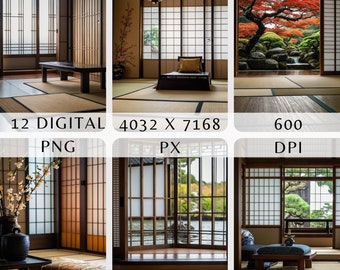 Op de afbeelding: Een traditionele Japanse kamer met tatami matten, shoji schermen en uitzicht op een weelderige tuin door een groot raam. De kamer is ingericht met een lage tafel en kussens, en een hangende papieren lantaarn.