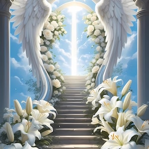 Puede incluir: Un arco blanco con alas blancas a cada lado, que conduce a una escalera. El arco está decorado con flores blancas y la escalera está rodeada de lirios blancos.