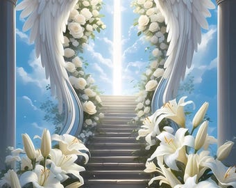 Heavenly Stairway Angel Wings Backdrop, Spiritual White Lily Photography Background,Divine Light and Clouds Digital Scene, Memorial Backdrop