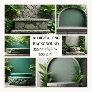 May include: A set of 20 digital PNG backgrounds featuring stone podiums and arches with green foliage. The backgrounds are perfect for product mockups or social media posts.