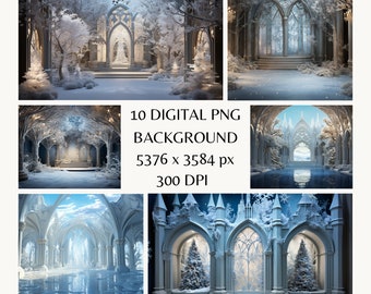 Winter Wonderland Backdrop for Photoshop - Snowflakes, Icicles,Glowing Lights  Fairytale Snow-Covered Landscape
