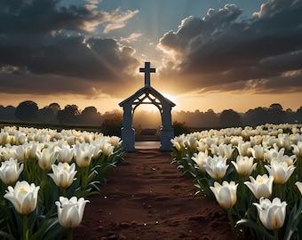 Elegant Memorial Funeral Program Cover with Peaceful Sunrise and White Tulips, Digital Template for Personalized Tribute