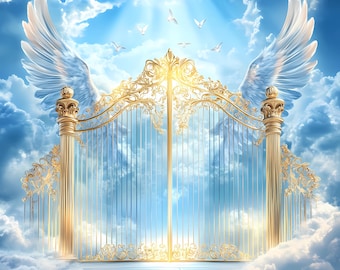Heavenly Gates Funeral Program Background | Angelic Memorial Digital Backdrop for Obituaries, Tribute Designs & Celebration of Life
