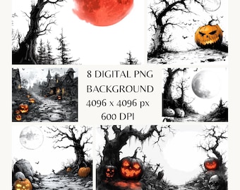 Spooky Halloween Graveyard Digital Backdrop for Photoshop with Jack-o'-Lanterns and Full Moon, Black and White Horror Scene