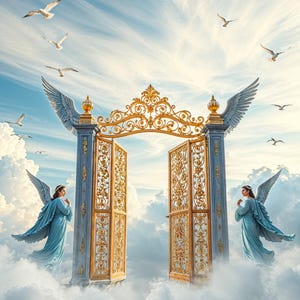 Puede incluir: Dos ángeles con túnicas azules y alas blancas se paran sobre nubes frente a una gran puerta dorada adornada. La puerta está abierta, revelando un cielo nublado brillante más allá.