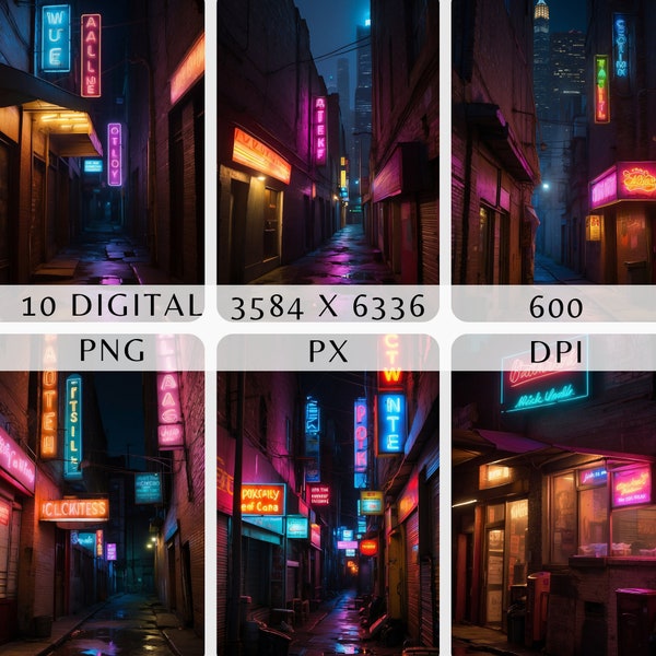 Digital Background Urban Alley | Flickering Neon Lights Overlay | Neon Lights Overlay | Night Scene Cityscape Photography | Nightlife Theme