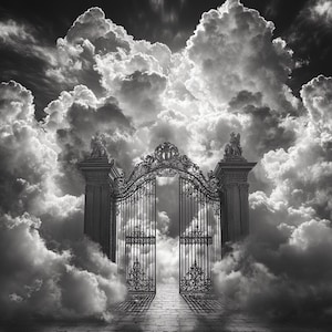 Pode incluir: Uma fotografia a preto e branco de um grande portão de ferro ornamentado que leva a um caminho de degraus de pedra. O portão está aberto e atrás dele há nuvens brancas e fofas.