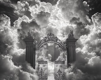 Pearly Gates Heaven Backdrop, Majestic Angelic Gate with Clouds, Spiritual Black & White Photography Background Digital Scene