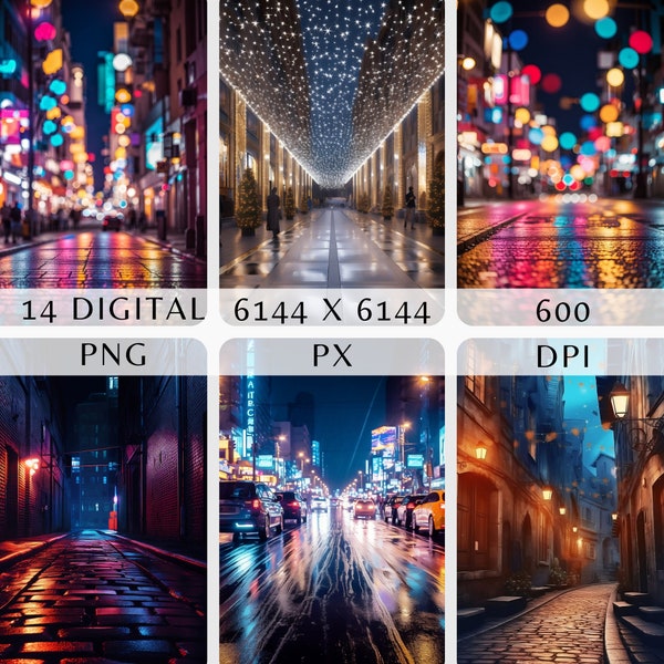 Digital Backdrop: Streets at Night Theme - Urban Cityscape, Neon Glow, Dark Alley Photography Background for Studio & Virtual Set Designs