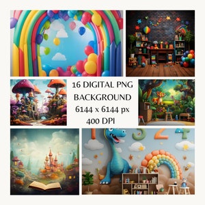 May include: A collection of 16 digital PNG backgrounds, each featuring vibrant, whimsical scenes. The images include a rainbow archway with balloons, a fantasy mushroom village, a fairytale castle, and a dinosaur with a rainbow. The text reads: 16 DIGITAL PNG BACKGROUND 6144 x 6144 px 400 DPI.