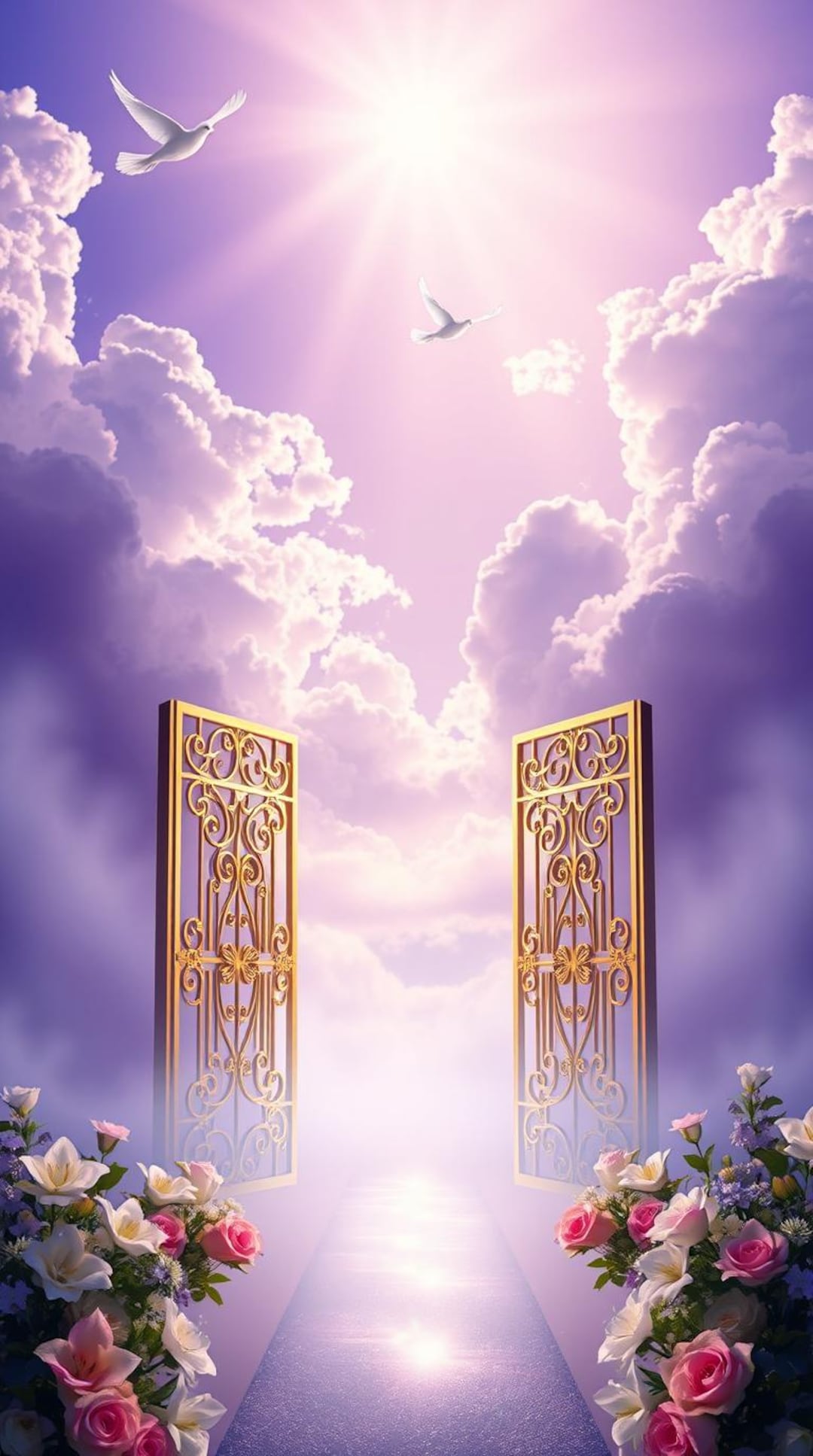 Heavenly Gate Funeral Backdrop With Golden Doors, Doves, and Flowers ...