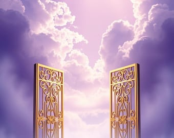 Heavenly Gate Funeral Backdrop with Golden Doors, Doves, and Flowers for Memorial Services or Celebration of Life Events
