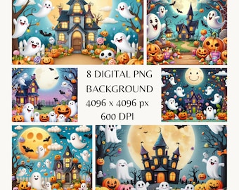 Halloween Background, Cute Kids Halloween Backdrop for Photoshoots, Ghost and Pumpkin Party Background, Full Moon Haunted House Scene