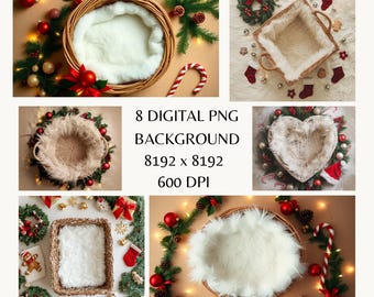 Christmas Newborn Basket Photography Prop, Holiday Baby Photo Setup with Festive Decorations, Rustic Heart & Round Wicker Backdrop