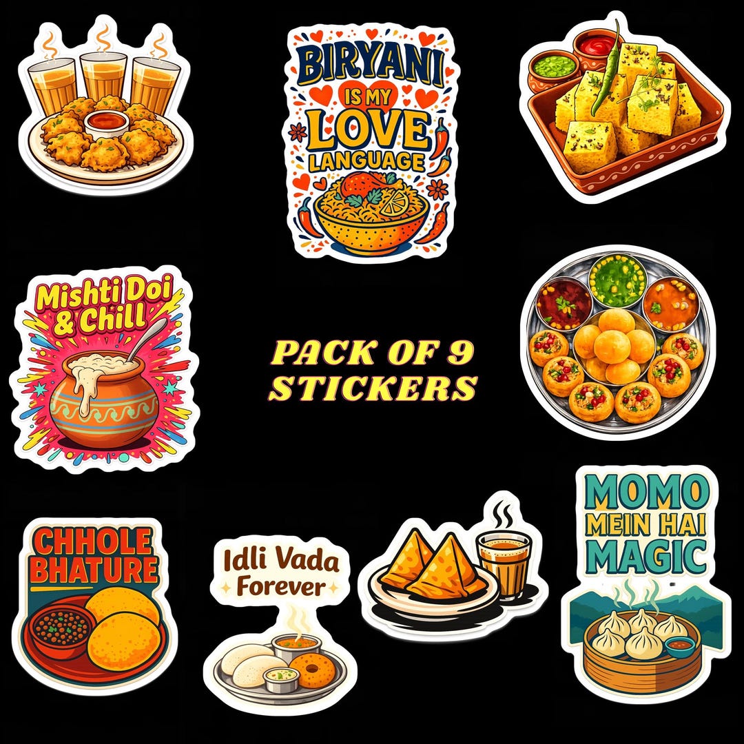 Indian Chef Sticker Indian Food Sticker Pack of 9, Desi Food Vinyl Stickers, Biryani Chole ...