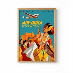 Könnte beinhalten: Gerahmtes Vintage-Reiseposter von Air-India International. Das Poster zeigt eine Frau in traditioneller indischer Kleidung, ein Vintage-Flugzeug und den Text "Air-India International". Die Farbpalette umfasst Orange-, Gelb- und Blautöne.
