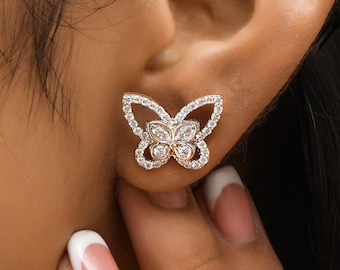 Diamond Butterfly Earrings / 14k Gold Certified Natural Diamond / Minimal Dainty Everyday Diamond Jewelry / Wedding Engagement Birthday Gift