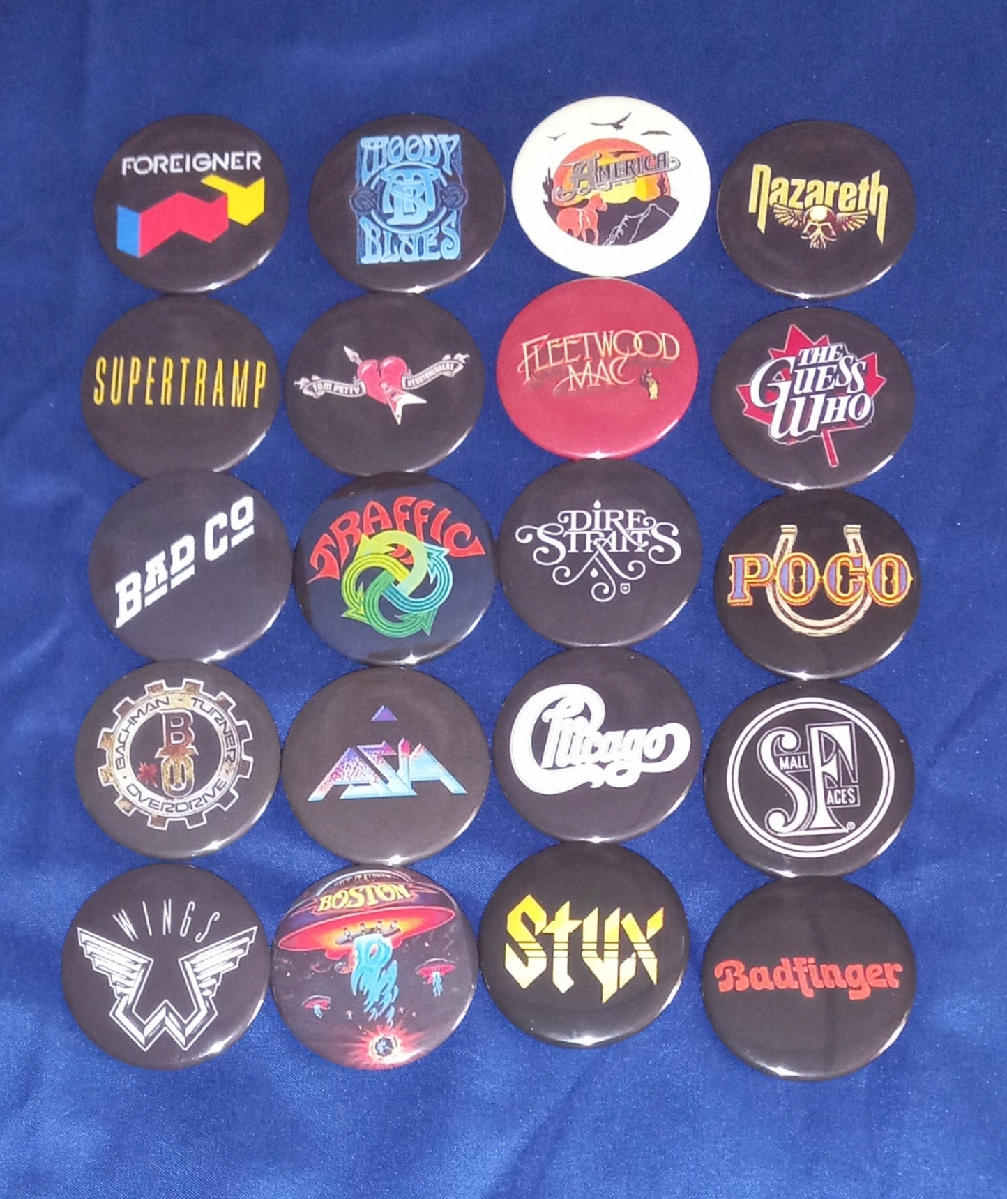 Classic Rock Pins, Pink Floyd, The Doors, Rolling Stones, The Beatles, LED Zepplin, Band Pins, Band Logos, Custom Pins, Custom Buttons