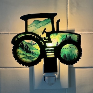 Green Tractor Night Light–John Deer vibes with Soft Warm Glow and whimsical rolling hills/Nursery/Kids Room/Mancave/farmhouse/Garage Decor.