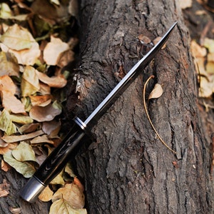 May include: A black-handled hunting knife with a silver blade, lying on a tree trunk covered in brown bark and surrounded by fallen leaves.