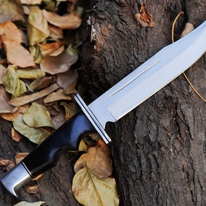 May include: A black handled hunting knife with a silver blade, lying on a brown tree trunk with fallen leaves.