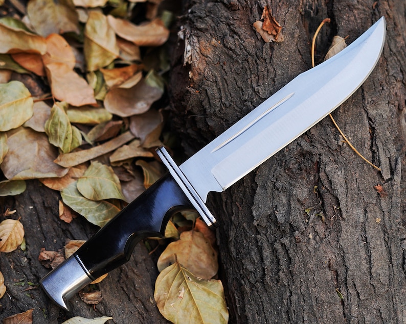 May include: A black handled hunting knife with a silver blade, lying on a brown tree trunk with fallen leaves.
