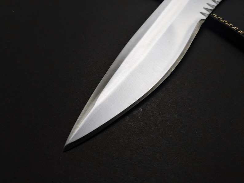 May include: Close-up of a stainless steel knife blade. The blade is sharp and pointed, with a polished finish. The knife appears to be a hunting or survival knife, with a serrated edge near the handle. The background is black.