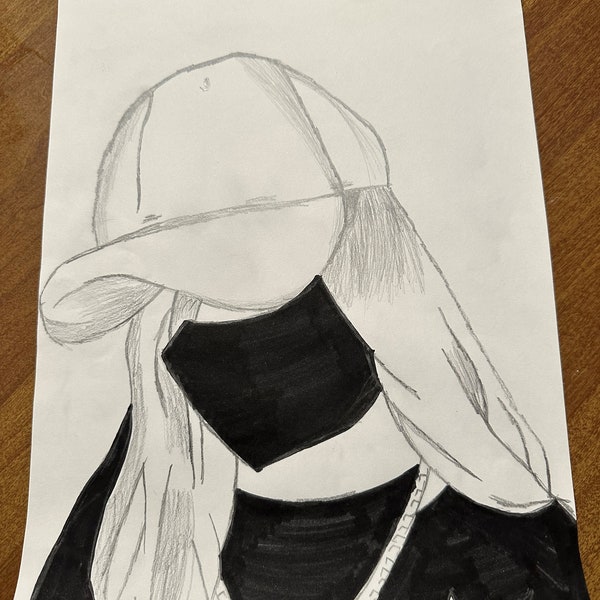 Pencil and Ink Original Drawing - Girl with Hat and Mask