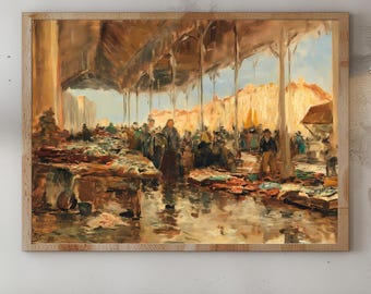 Venice Fish Market Wall Art Print | Antique Impressionist Italian Market Scene Poster | Vintage European Rustic Decor