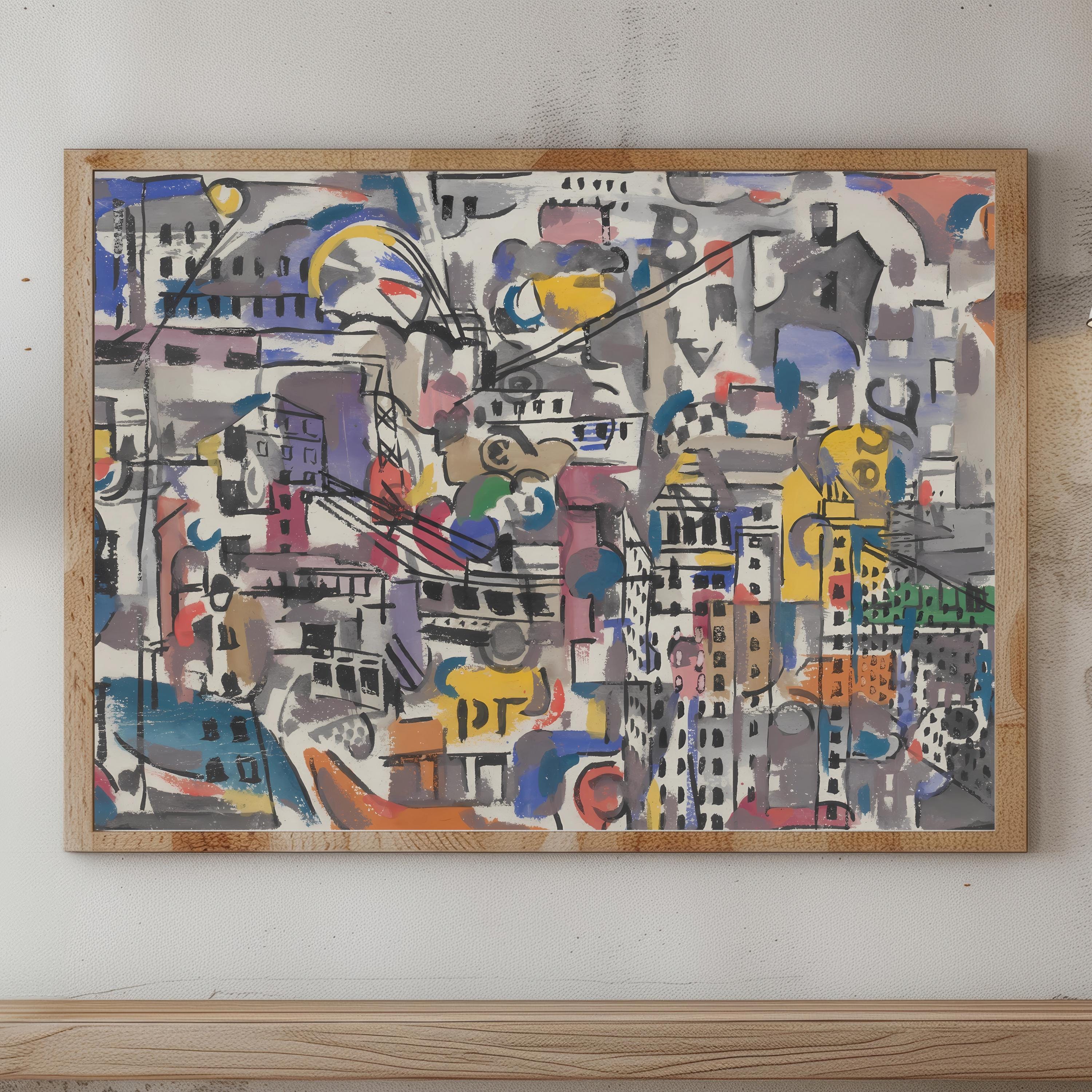 Colorful Urban Abstract Cityscape Wall Art | Mid Century Inspired Poster Print | Vibrant Modern Building Decor for Living Room
