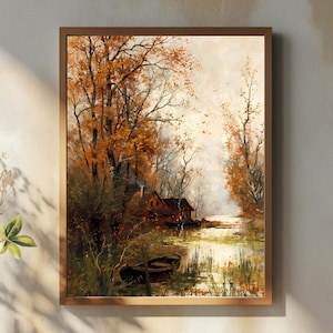 Gemütliche rustikale Flusshütten-Wandkunst | Herbst Natur Szene Leinwand Druck | Vintage Herbst Landschaft Poster für Wohnzimmer Dekor