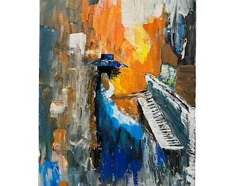 Original Hand Painted Musician Artwork | Colorful Abstract Piano Wall Art with Blue Hat | Modern Living Room Canvas Home Decor