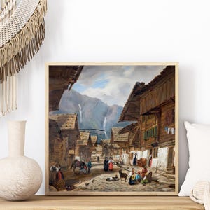 Vintage Alpine Village Print, Andermatt Switzerland Poster, Antique Swiss Landscape Wall Art, 19th Century Mountain Scene, Rustic Home Decor