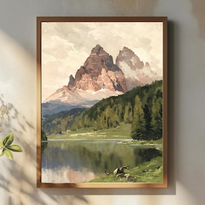 Arte mural con paisaje montañoso vintage / Póster de lago y bosque alpino sereno / Impresión rústica de naturaleza para decoración de cabañas o del hogar