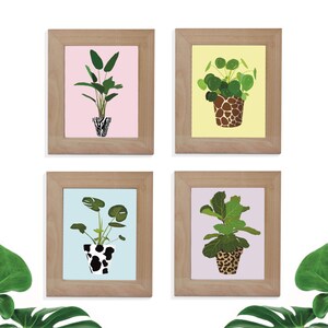 Puede incluir: Cuatro impresiones enmarcadas de diferentes plantas de interior en macetas con diseños de estampado animal. Las impresiones están sobre un fondo blanco.