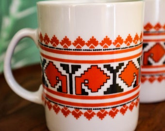 Vtg Karolina Porcelain Polish Pottery Coffee Mugs Folk Art Embroidery Print Boho Southwestern