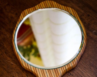 Specchio vintage tenuto in mano con cornice in legno e manico fatto a mano, design gessato/Cottage/Country/Fattoria/MCM/Boho