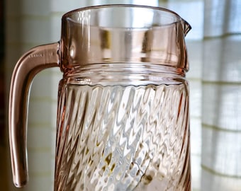 Vintage Glass Water or Cocktail Pitcher w/ Handle Pink Optic Swirl Vase Arcoroc France