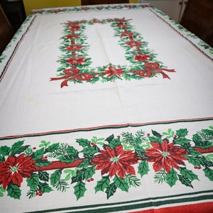 Vintage  Red & Green Christmas Tablecloth Rectangle 80&quot;x56&quot; Poinsettias Holly Leaves Mistletoe Fir Ribbons | Traditional | MCM